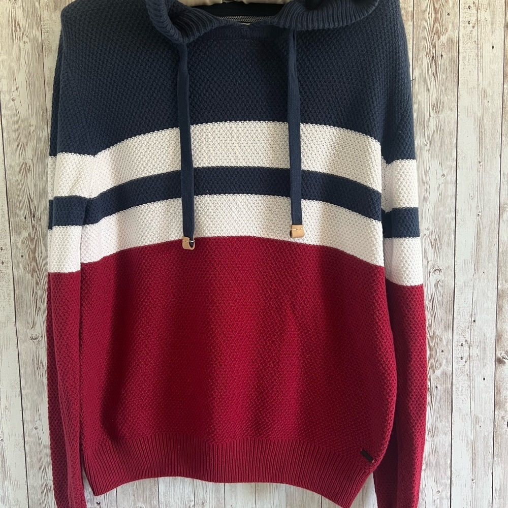 Denim and Flowers Patriotic Navy and Red Striped Waffle Knit Textured Sweater LG